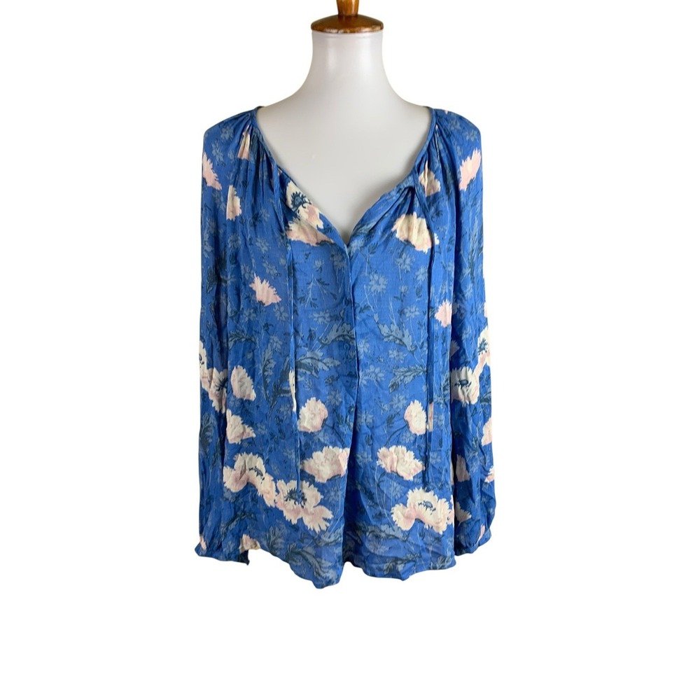 Lucky Brand Blue‎ Floral Peasant Blouse Boho Cottagecore Medium